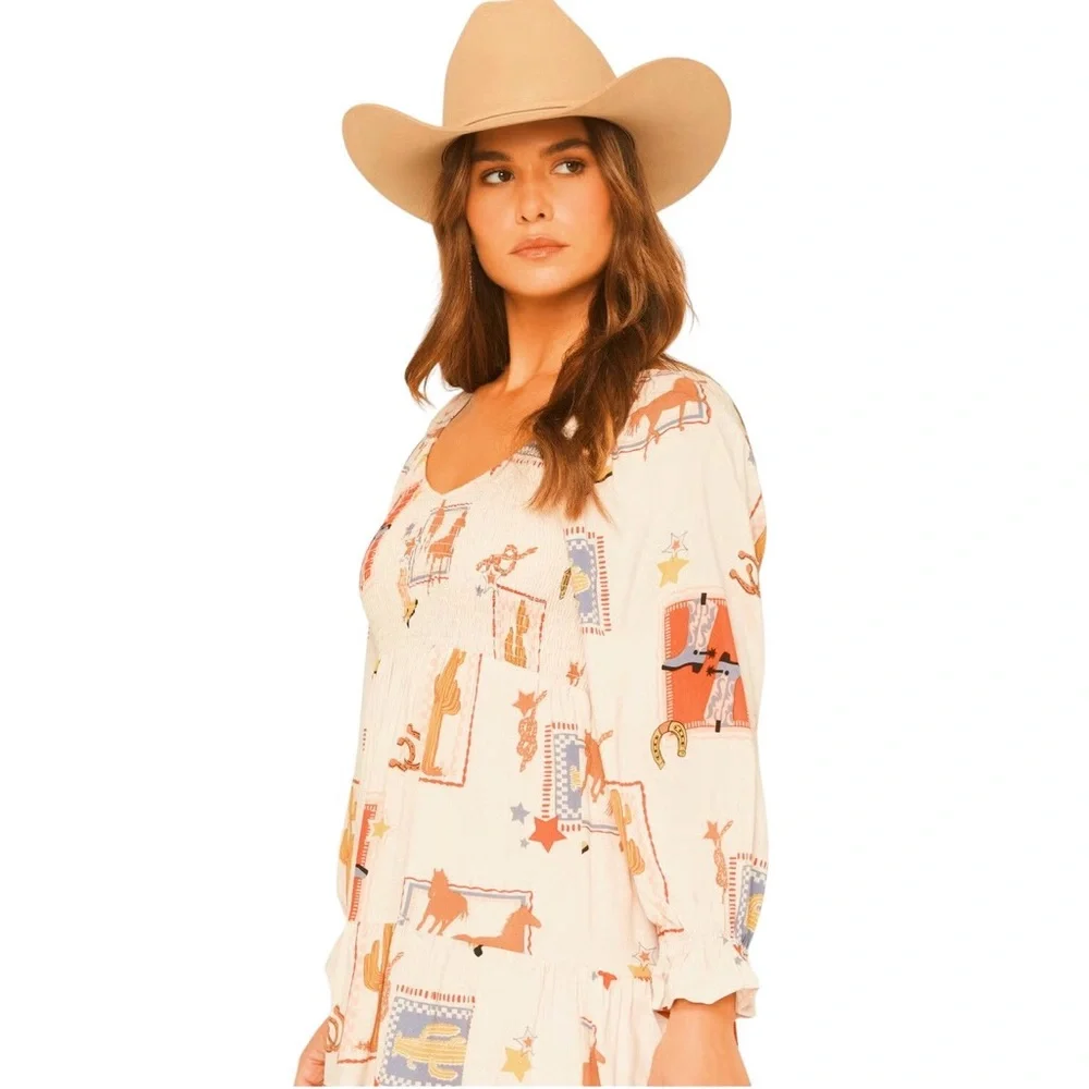 New blue b Pale Pink Western Themed Cowboy Boot Horse Sweetheart Mini Dress S - Picture 2 of 4